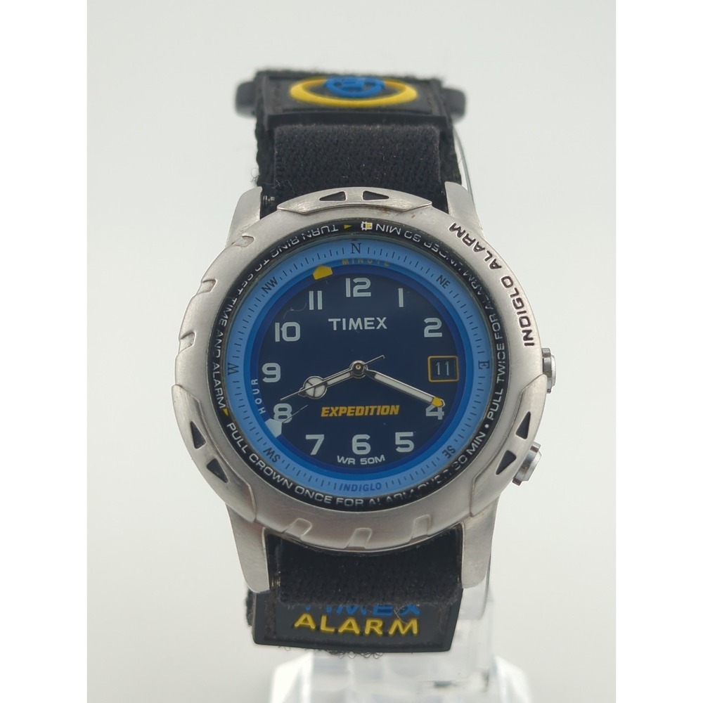 Vtg TIMEX Expedition Indiglo Alarm Mens Watch ROTATING BEZEL Blue Dial Reef Gear